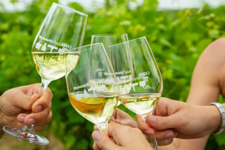 Vier Personen stoßen mit einem Glas Wein an