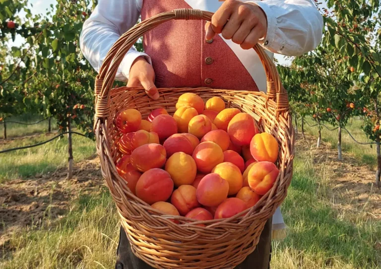 Jemand haltet einen Korb voller orange-rot gereiften Marillen in die Kamera - Urlaub im Weinviertel Chalet
