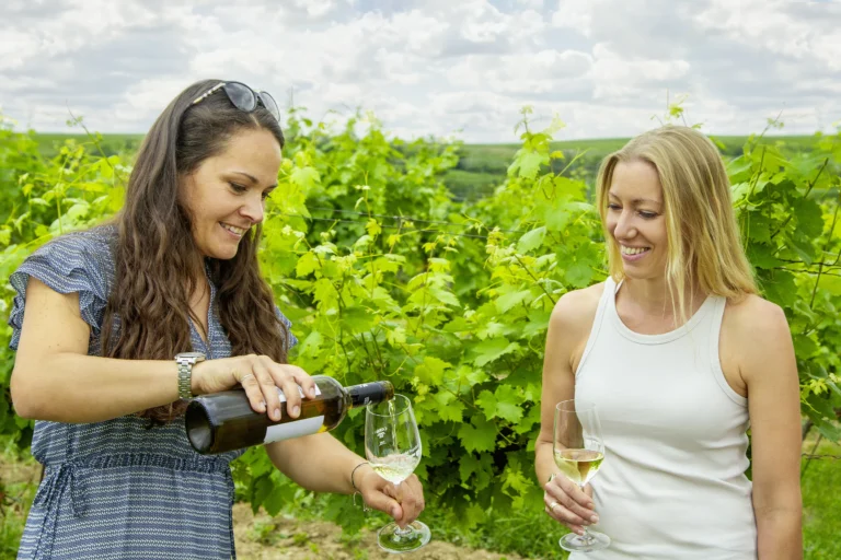 Zwei Frauen stehen in einem Weingarten und schenken sich ein Glas Wein ein - Schlafen in Poysdorf